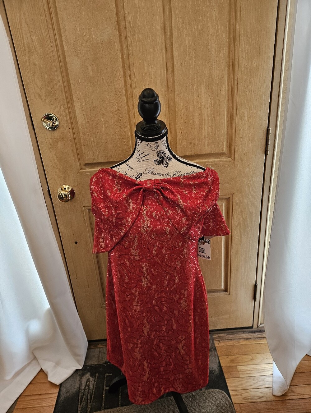 Red Lace Off-Shoulder Dress with Bow Detail